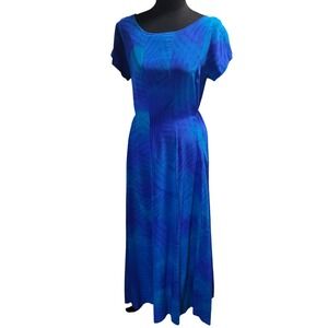 Vintage‎ 90s 100% Silk Abstract Blue Watercolor Maxi Dress S Resort SEE PHOTOS